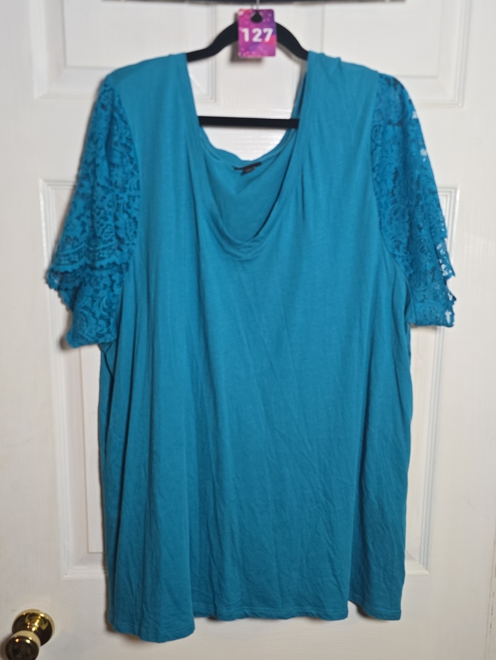 127 Torrid 4 4X Teal Draped Neck Lace Sleeve Tunic